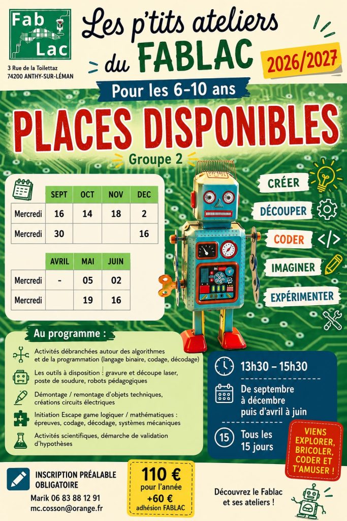 Ateliers du fablac pour les 6-10 ans (place disponible)